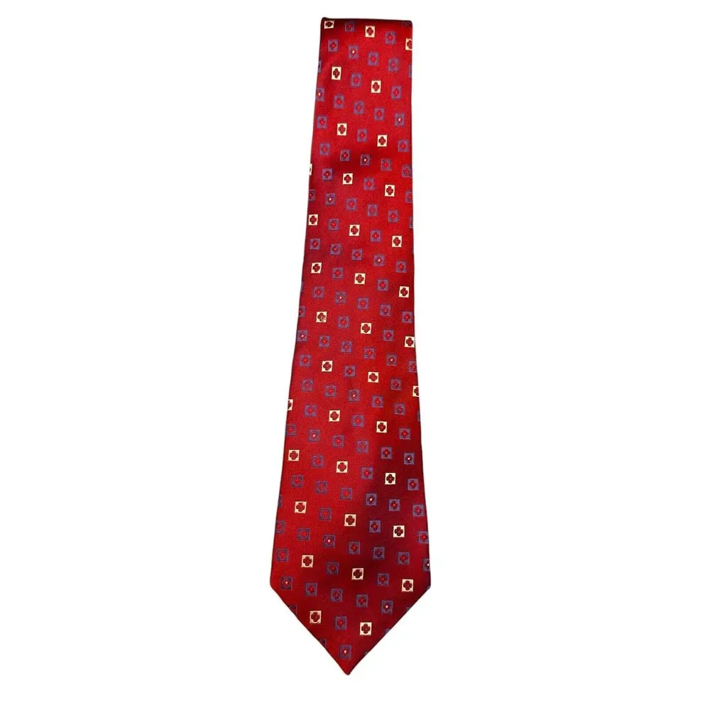 Tasso Elba 100% Silk Designer Dress Tie Mens Red Geometric Floral Pattern 59